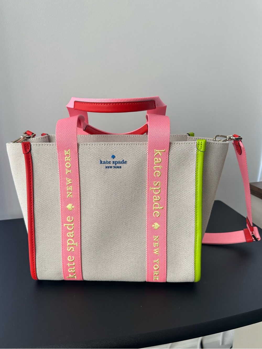 Kate Spade Small Kip Tote: Beige Canvas Tote with Pink, Red & Lime Accents